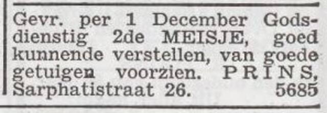 Advertentie 'personeel gevraagd' van het gezin Prins