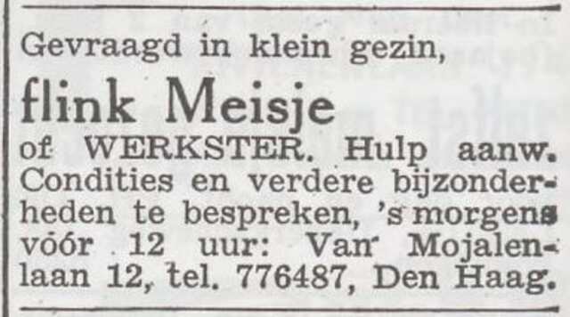 Advertentie 'personeel gevraagd' van het gezin Isidoor van Daelen