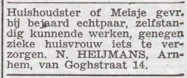 Advertentie 'personeel gevraagd' van het gezin Heijmans