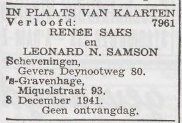 Bekendmaking van de verloving van Leonard Samson en Renée Saks