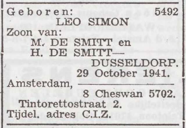 Bekendmaking van de geboorte van Leo Simon de Smitt