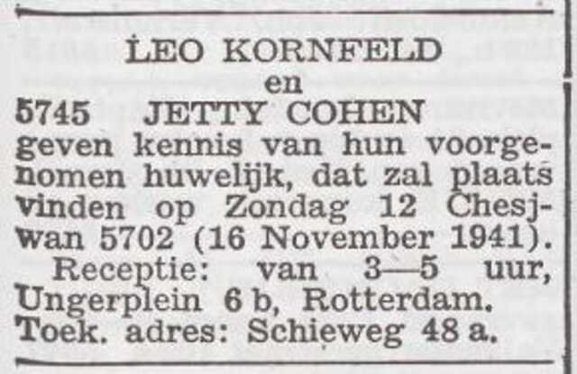 Aankondiging van de huwelijksinzegening van Leo Kornfeld en Jetty Cohen