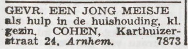 Advertentie 'personeel gevraagd' van het gezin Willem Cohen