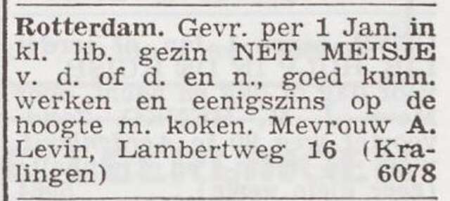 Advertentie 'personeel gevraagd' van het gezin Abram Levin