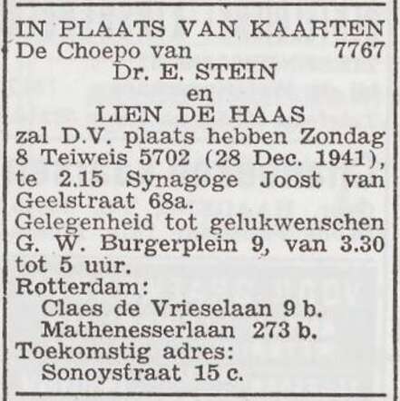 Bekendmaking van het huwelijk van Elchanan Stein en Eslina de Haas