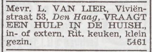 Advertentie 'personeel gevraagd' van het gezin Louis van Lier