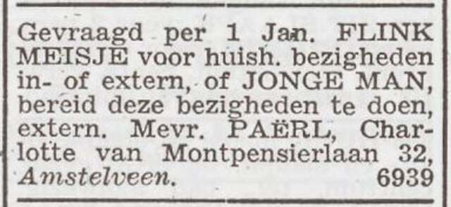 Advertentie 'personeel gevraagd' van Mietje Paërl-Hijmans