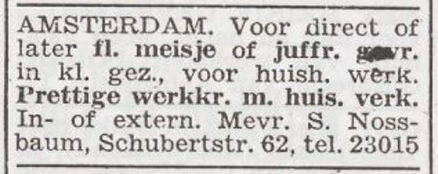 Advertentie 'personeel gevraagd' van Elise Nossbaum-Halle