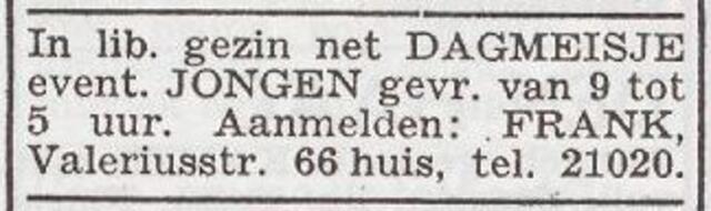 Advertentie 'personeel gevraagd' van het gezin Nathan Frank