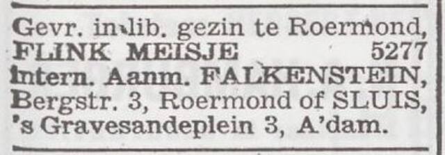 Advertentie 'personeel gevraagd' van het gezin Hermann Falkenstein