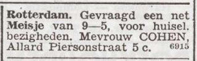 Advertentie 'personeel gevraagd' van mw. Cohen