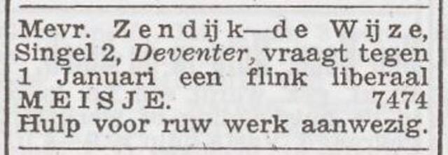 Advertentie 'personeel gevraagd' van het gezin Zendijk