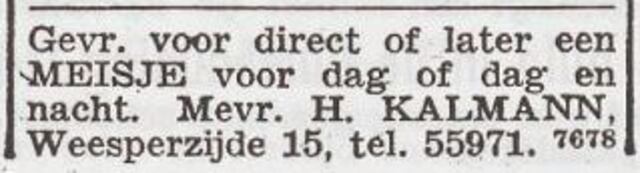 Advertentie 'personeel gevraagd' van het gezin Kalmann