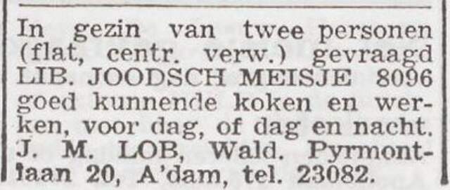 Advertentie 'personeel gevraagd' van Jacobus Mozes Lob