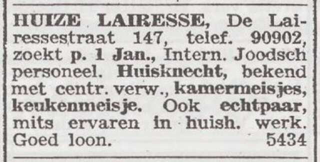 Advertentie 'personeel gevraagd' van pensionhouder Julius Loeb