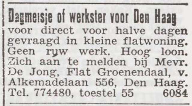 Advertentie 'personeel gevraagd' van het gezin Salomon de Jong