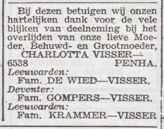 Dankbetuiging van de familie Visser