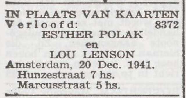 Bekendmaking van de verloving van Louis Lenson en Esther Polak
