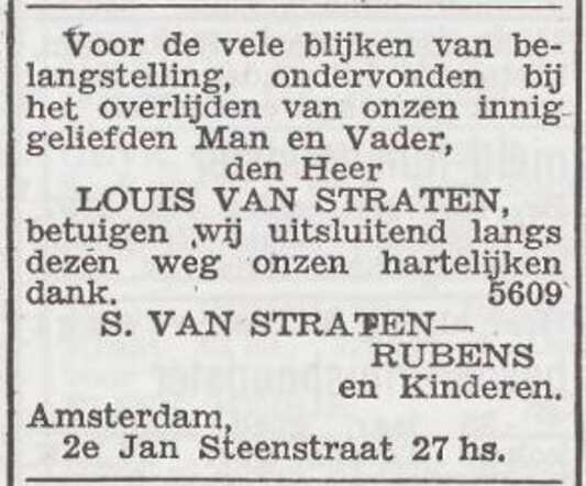 Dankbetuiging van het gezin Van Straten