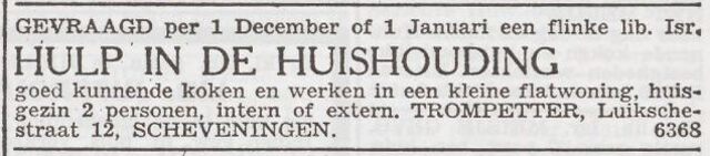 Advertentie 'personeel gevraagd' van het echtpaar Maurits en Marianne Trompetter