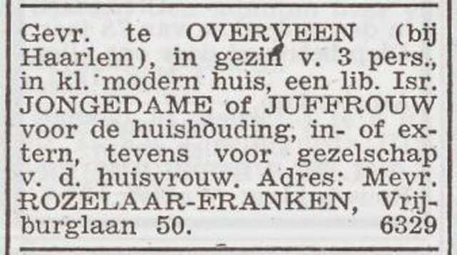 Advertentie 'personeel gevraagd' van het gezin Rozelaar