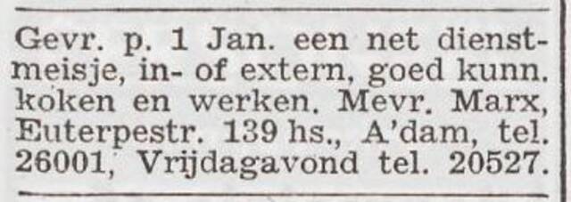 Advertentie 'personeel gevraagd' van Minna Marx-Stibbe