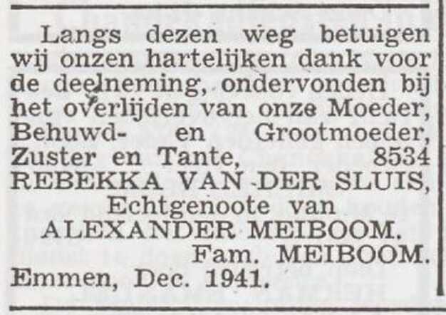 Dankbetuiging van de familie Meiboom