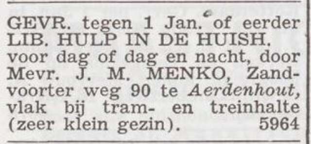 Advertentie 'personeel gevraagd' van Frederica Menko-Kooperberg