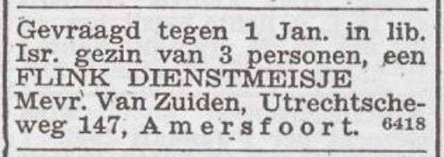 Advertentie 'personeel gevraagd' van het gezin Israel van Zuiden