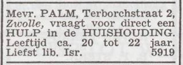 Advertentie 'personeel gevraagd' van het gezin Palm