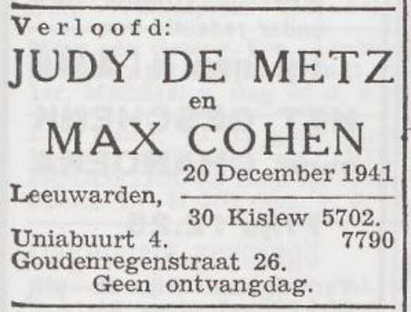 Bekendmaking van de verloving van Judith de Metz en Max Cohen