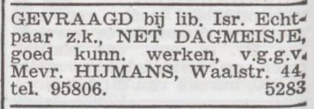 Advertentie 'personeel gevraagd' van het echtpaar Benjamin Heymans