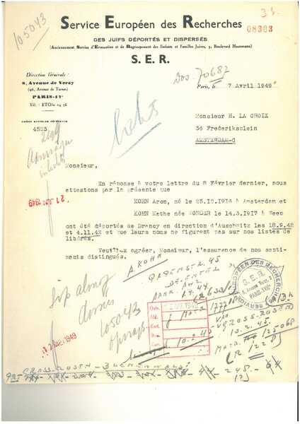 Amnon en Kaatje Kohn-Wonder  - SER brief 7-4-1949