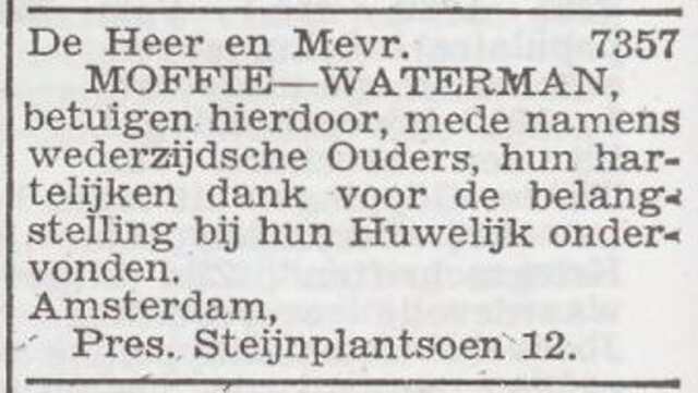 Dankbetuiging van het echtpaar David en Anna Moffie-Waterman