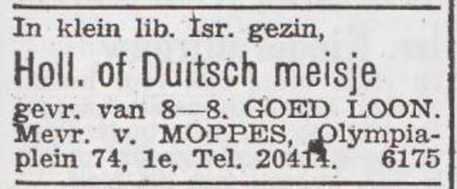 Advertentie 'personeel gevraagd' van het gezin Meijer van Moppes