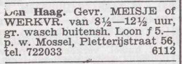 Advertentie 'personeel gevraagd' van het gezin Jacques Mossel