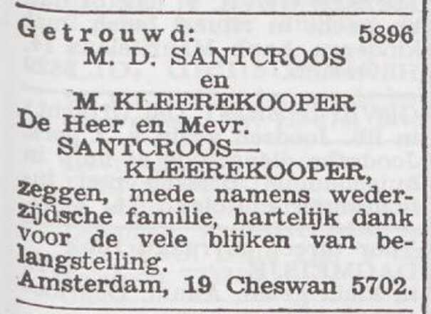Dankbetuiging van het echtpaar Santcroos-Kleerekoper