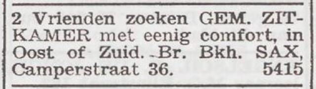 Advertentie 'te huur gevraagd' via boekhandel Judith Sax-Stad
