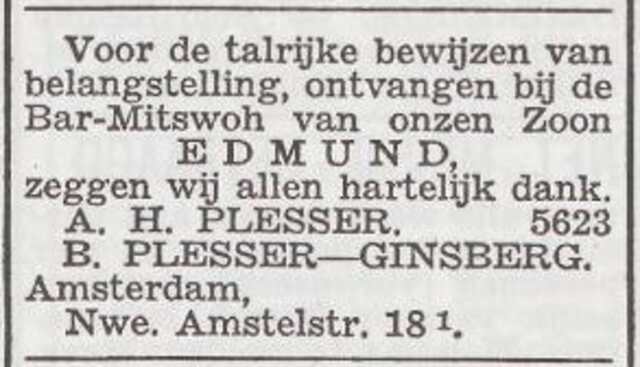 Dankbetuiging van het gezin Plesser