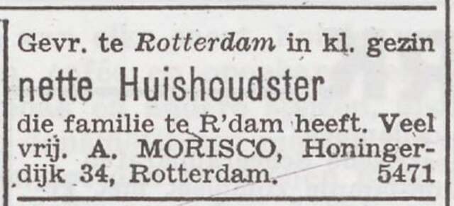 Advertentie 'personeel gevraagd' van het gezin André Morisco