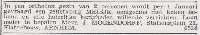 Advertentie 'personeel gevraagd' van het gezin Jozef Mogendorff
