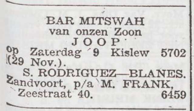 Aankondiging van de bar mitswa van Josua Rodrigues