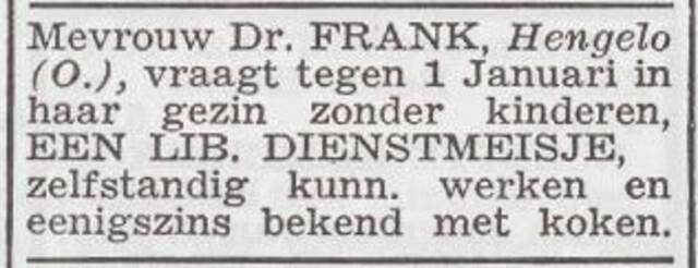 Advertentie 'personeel gevraagd' van het echtpaar Frank