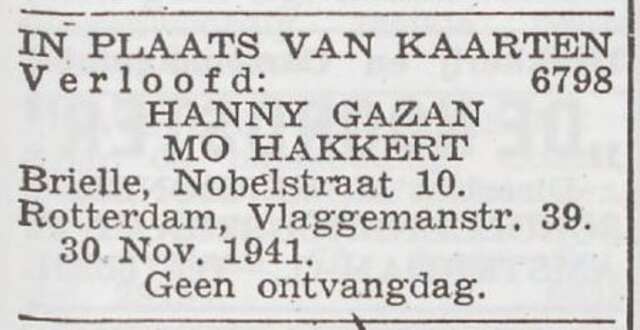 Aankondiging van de verloving van Hanna Gazan en Mozes Hakkert