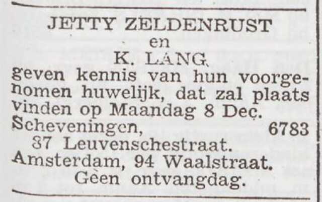 Aankondiging van het huwelijk van Henriette Zeldenrust en K. Lang