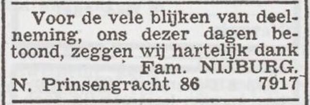 Dankbetuiging van de familie Nijburg