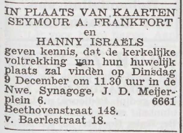 Aankondiging van de huwelijksinzegening van Seymour Frankfort en Hanny Israëls
