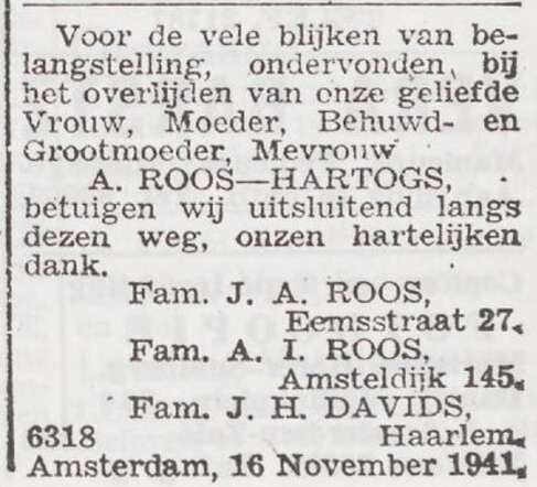 Dankbetuiging van de families Roos en Davids