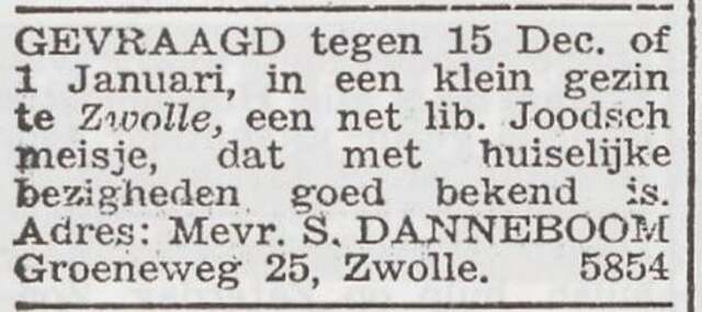 Advertentie 'personeel gevraagd' van het gezin Danneboom