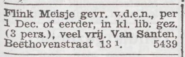 Advertentie 'personeel gevraagd' van het gezin Simon van Santen